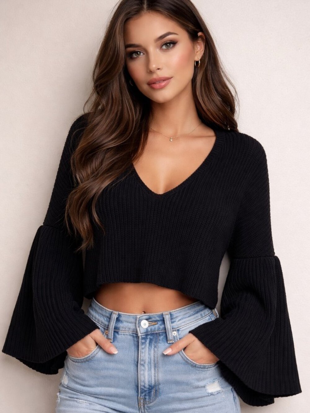 Free People Black Chunky Knit Cropped Sweater Bell Sleeve Boho Oversized Top M
